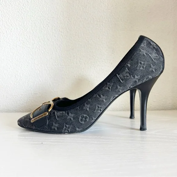 Louis Vuitton Vintage Monogram Canvas Black Gray Buckle Heels Pumps Size EU 39.5 - Picture 2 of 15